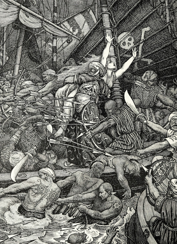 He saw two cities in a thousand boats all fighting for a woman on the sea, 1898. Creators: Louis John Rhead, George Woolliscroft Rhead.