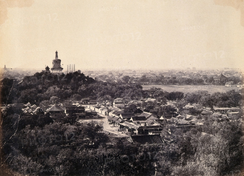 Beijing, China: the Buddhist temple surrounded by gardens and low buildings, during the..., 1860. Creator: Felice Beato.