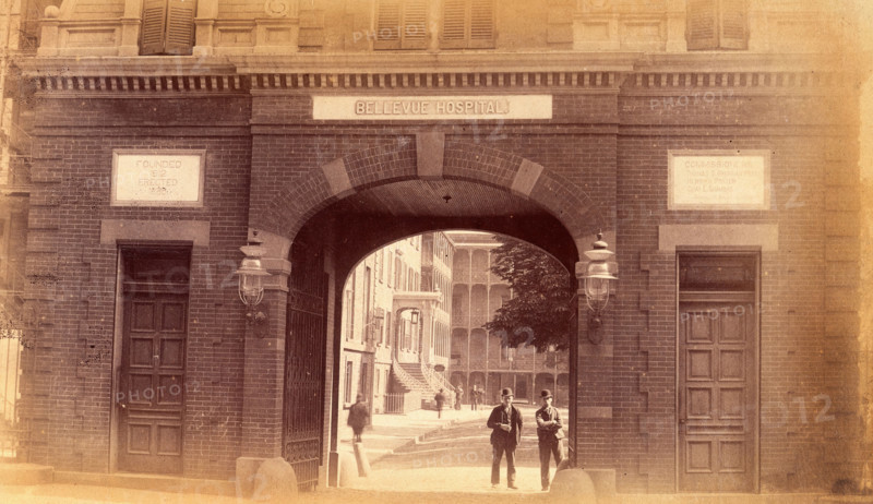 Bellevue Hospital, New York City: the entrance gateway. Creator: Unknown.
