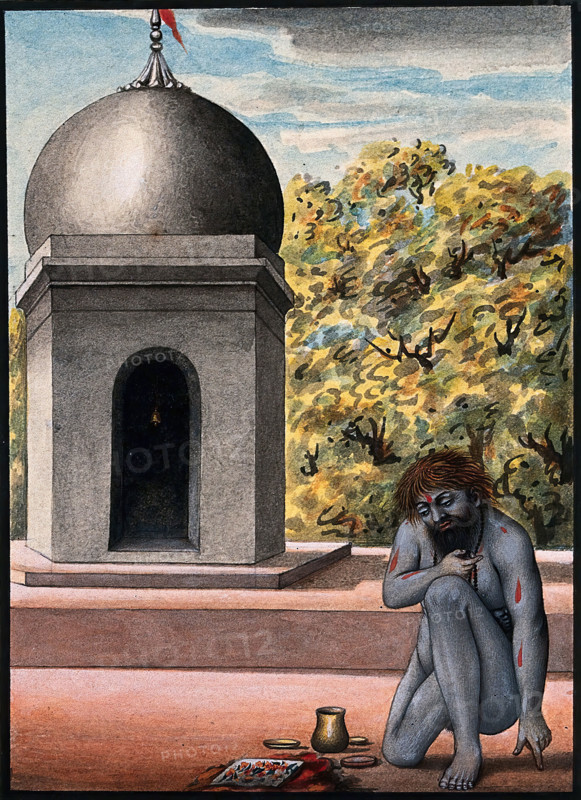 A Hindu ascetic or holy man, performing austerities outside a temple (?), 1880. Creator: Unknown.