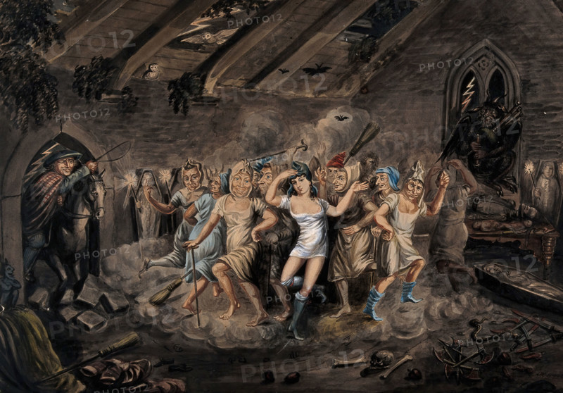 A man on horseback enters a church to discover an orgiastic sabbath. Creator: Unknown.