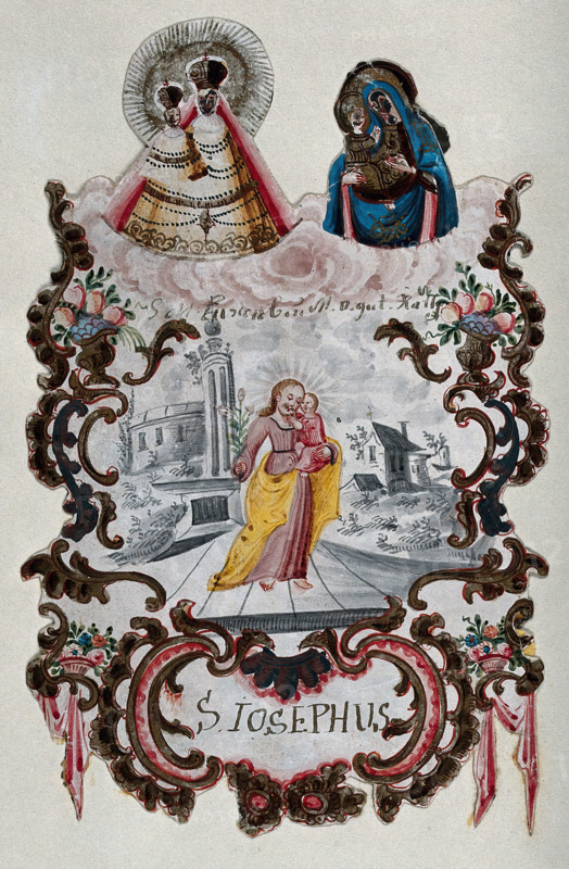 Saint Joseph holding the Christ Child beneath two images of the Virgin and Child. Creator: Unknown.