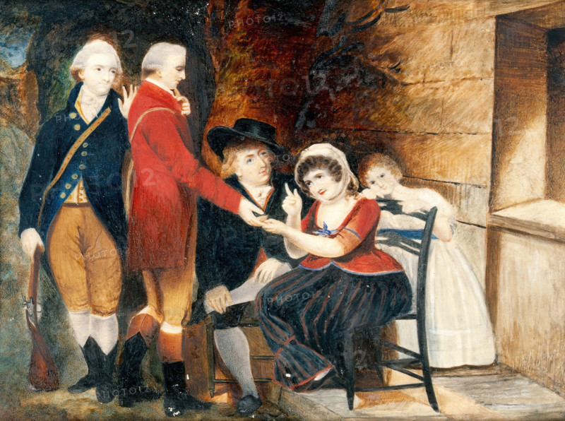 A woman telling a man's fortune, early-mid 19th century. Creator: Alfred Chalon.