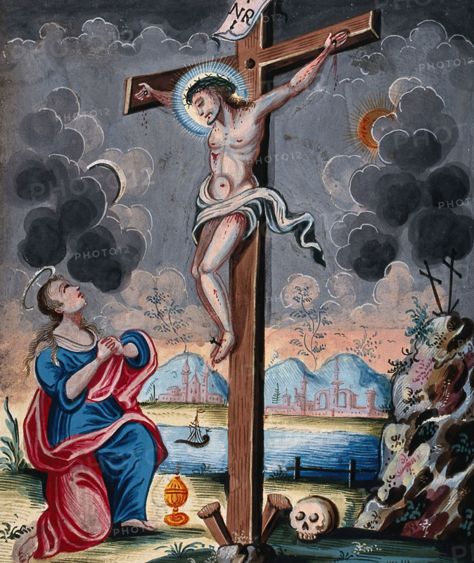 Saint Mary Magdalene clasps her hands before the crucified Christ. Creator: Unknown.