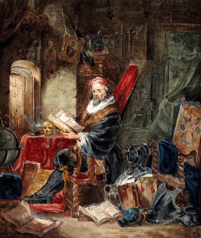 An alchemist reading in a romanticised laboratory setting, 19th century. Creator: Unknown.
