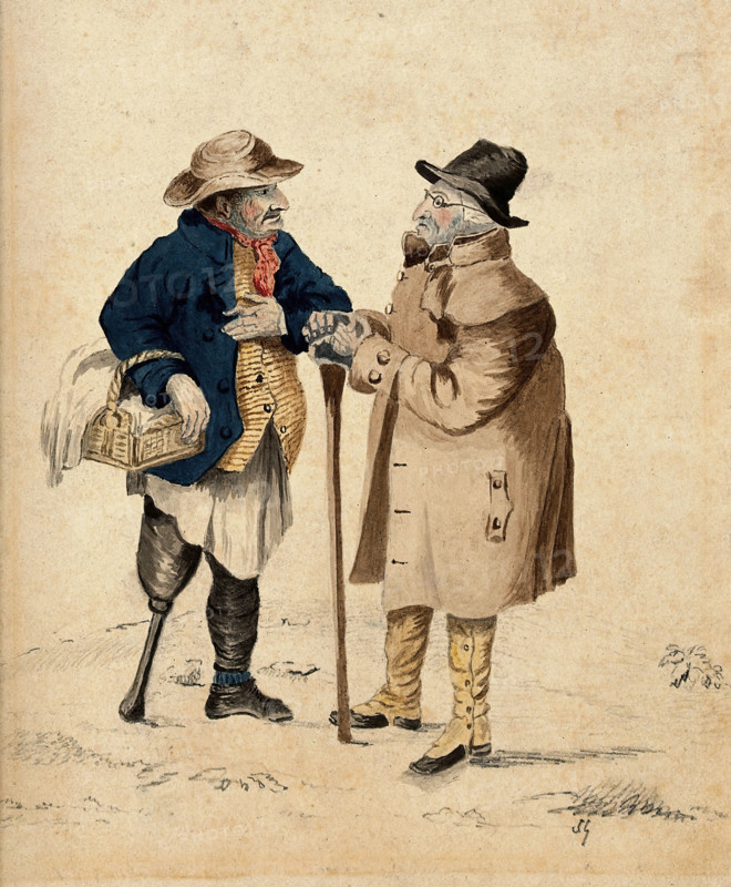 Two old men in conversation: the man on the left holding a basket has a wooden leg, the... Creator: Unknown.