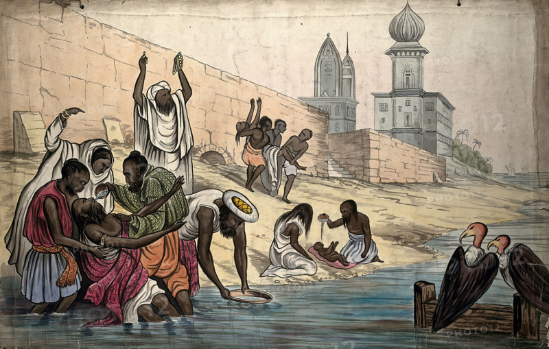 The "death of Hindoos on the banks of the river Ganges", 1860. Creator: The Empire Traveller.