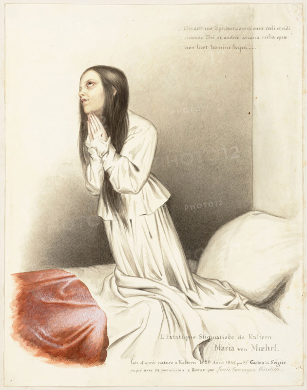 Maria von Moehrl, a girl with stigmata on her hands, 1840s. Creator: Louis Gaston Adrien de Segur.