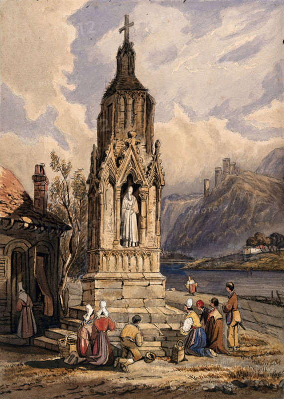 People near a river praying before the figure of a saint on a memorial cross. Creator: Unknown.