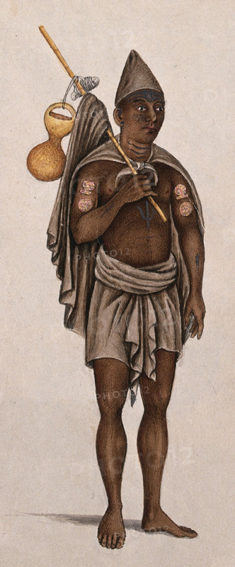 A man in a loincloth is carrying a stick with a cloth and pot. Creator: Unknown.