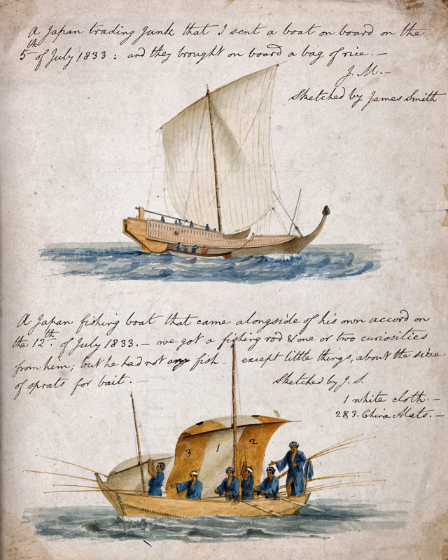Ship-building: two types of Japanese boat, 1833. Creator: James Smith.