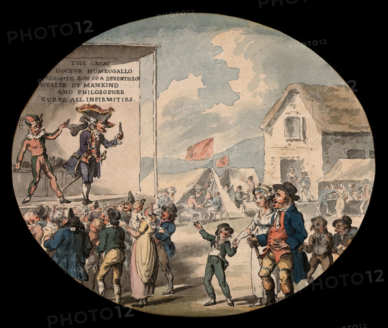 Doctor Humbugallo, an itinerant medicine vendor, selling his wares from a stage..., c1800s. Creator: Thomas Rowlandson.