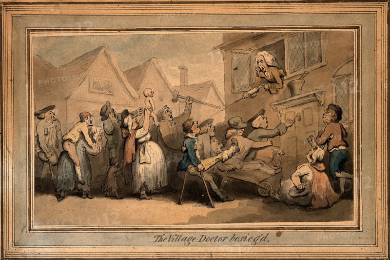 A long queue (line) of angry patients agitating outside the house of a doctor (surgeon..., ([1800?). Creator: Thomas Rowlandson.