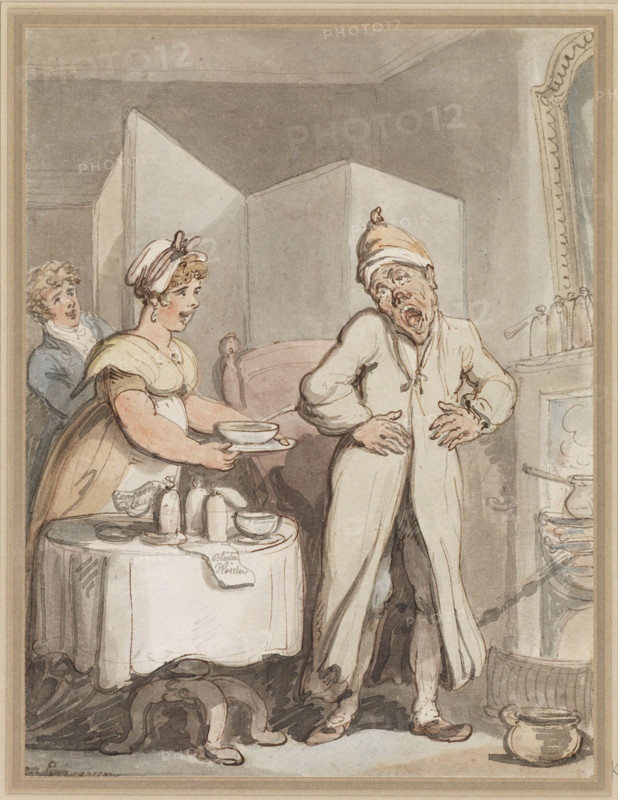 A man in pain receiving medicines from a housemaid, c1800s. Creator: Thomas Rowlandson.