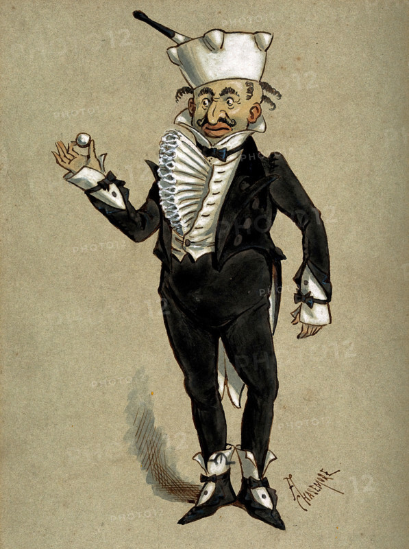 A theatrical figure in a tuxedo wearing a pestle and mortar as a hat..., 1870s. Creator: Archibald Chasemore.