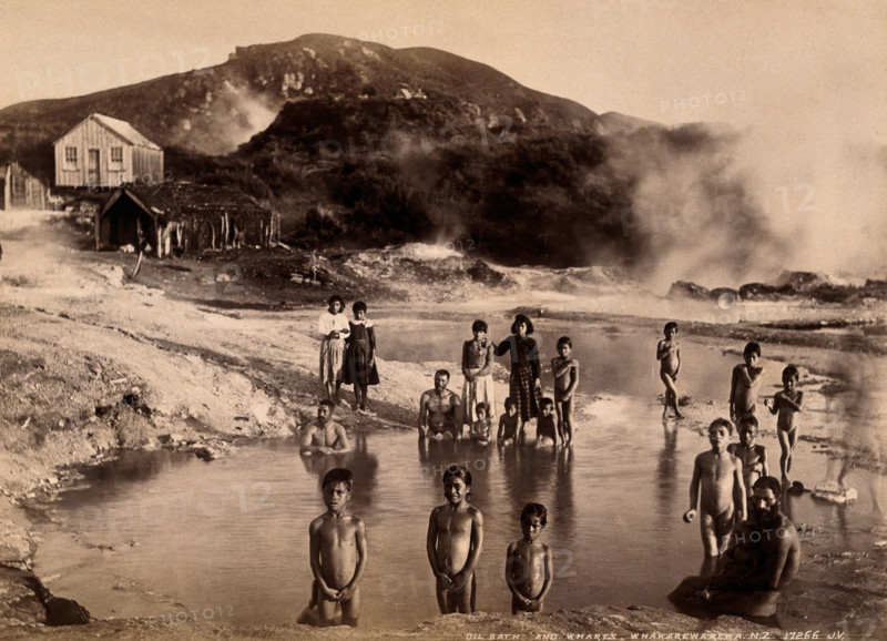 Whakarewrewa, New Zealand: a group of Maori people, thermal baths,..., c1880s. Creator: Unknown.