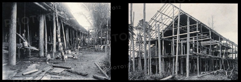 Sarawak: the supporting poles of a Kayan tribal house and a Sea Dayak house under construction. Creator: Unknown.