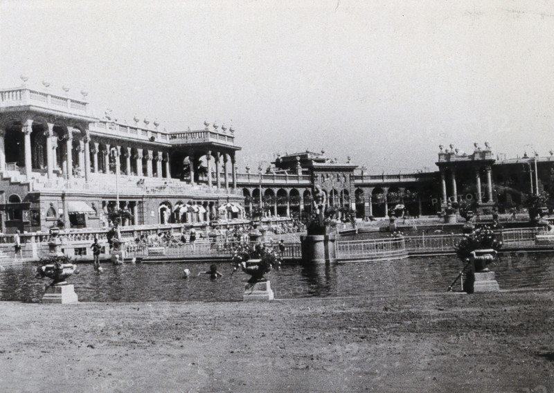 Open air baths in Budapest; two large pools separated by railings,...., c1900s. Creator: Unknown.