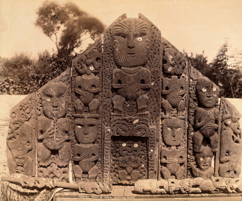 New Zealand: the carved front of a Maori meeting house, between 1800 and 1899. Creator: Unknown.