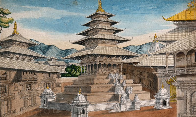Nepal: Nyatapole temple in Bhaktapur(?), (between 1800 and 1899?). Creator: Unknown.