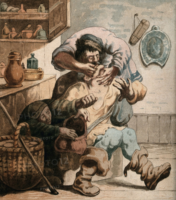 A tooth-drawer extracting a tooth from a seated patient while a woman steals from his bag, c1610s. Creator: Unknown.