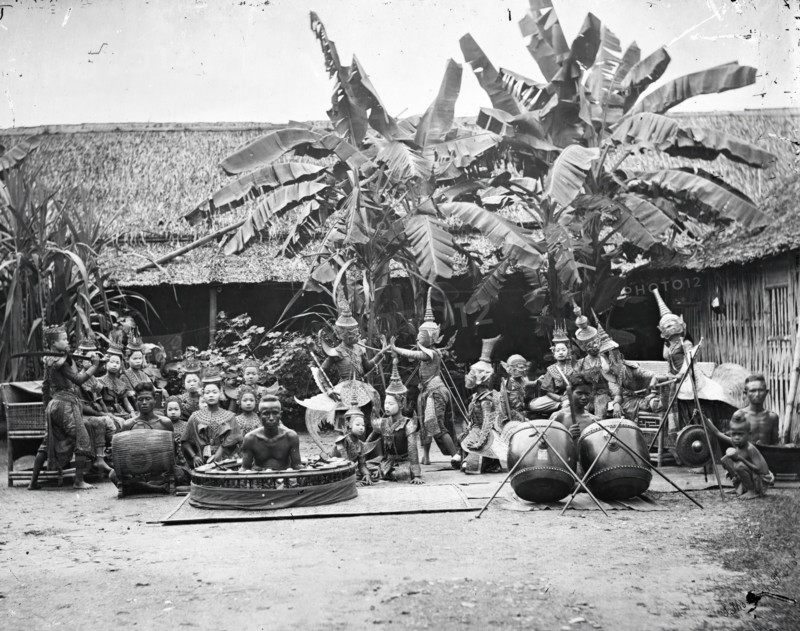 Siam (Thailand): a khon (masked dance drama) and lakhon (acting) troupe, 1865. Creator: John Thomson.