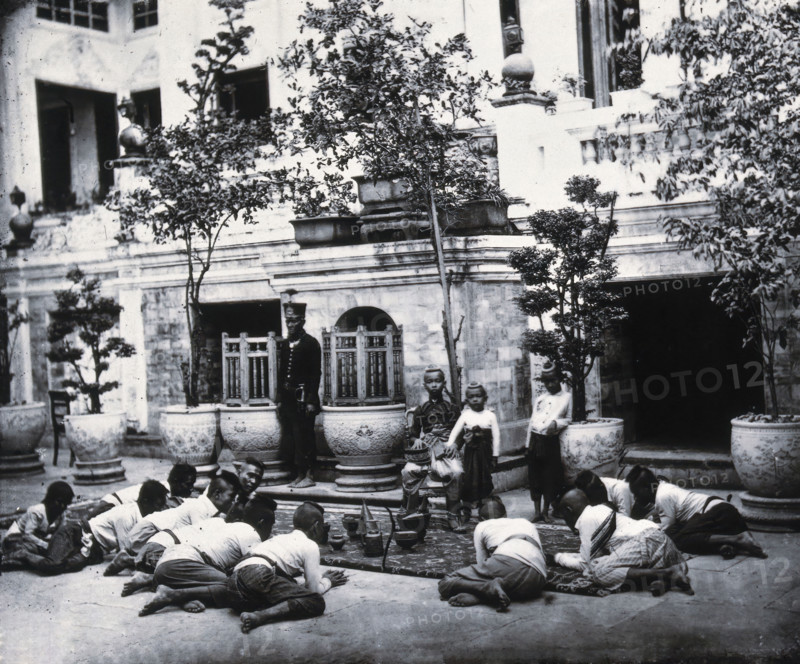 Prince Chulalongkorn of Siam (Thailand) (seated, centre), with Prince Bhanugrangsi..., 1866. Creator: John Thomson.