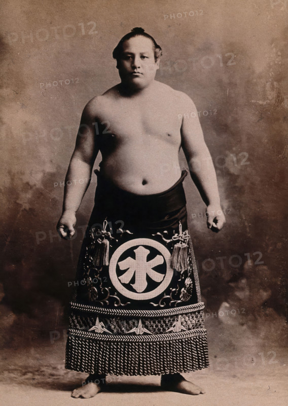 A young sumo wrestler posing in a photographic studio, wearing a richly decorated apron..., c1900. Creator: Unknown.