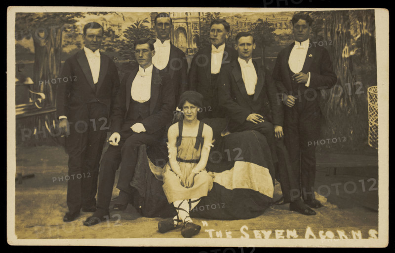 Seven men on stage set of "The seven acorns", [between 1918 and 1920?]. Creator: Unknown.