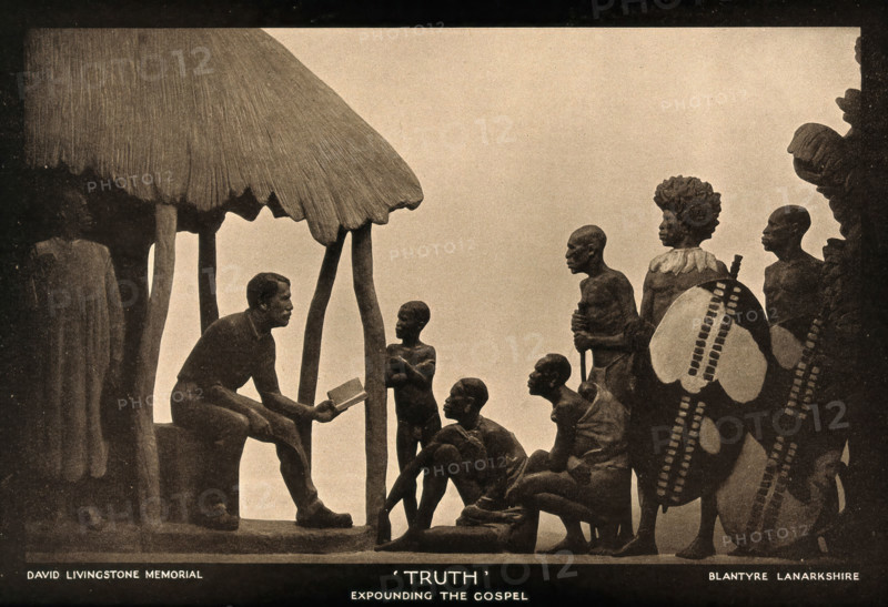 David Livingstone memorial in Blantyre; Livingstone reading the Bible..., c19th century. Creator: Unknown.