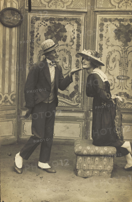 French prisoners of war, one in drag, performing a show at Sennelager prisoner of wa..., (1918?). Creator: Unknown.