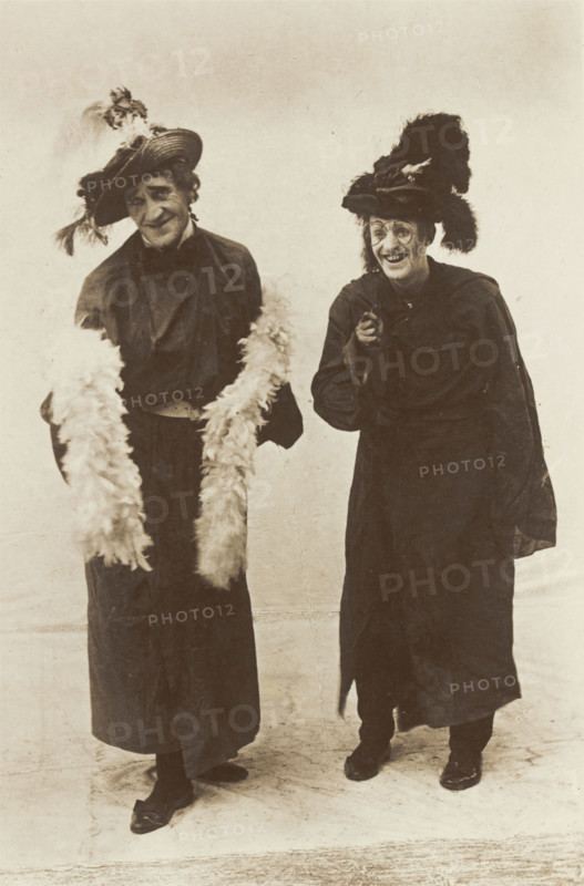 Dick Horn and Harry Brandon dressed as pantomime dames for the Bow Bells...(between 1910 and 1919?). Creator: Unknown.