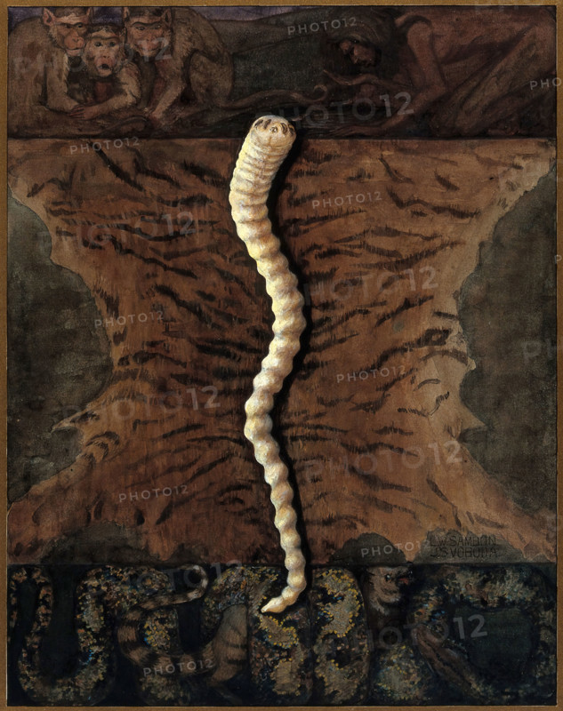 Parasites: a parasitical worm, shown much enlarged, with its hosts, c1930. Creator: J Svoboda.