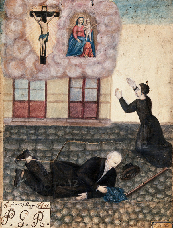 A man falling over on a cobbled street in Rome, his wife praying to Sansovino's Virgin..., 1851. Creator: Unknown.