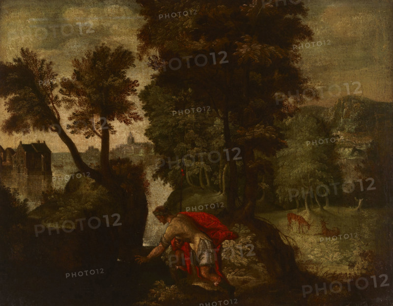 Landscape with a Kneeling Knight (Theseus?), 1st half of 17th century. Creator: Unknown.