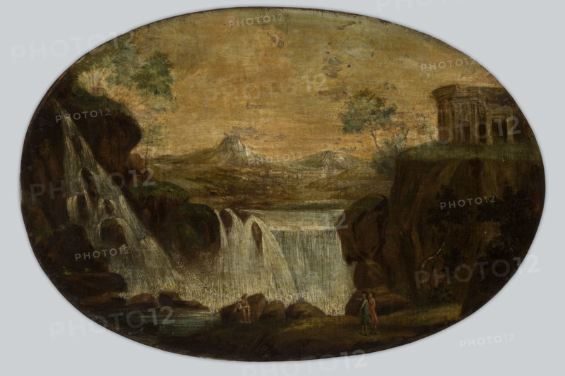 Landscape with a Waterfall and an Ancient Temple (Tivoli?), between 1775-1825. Creator: Unknown.