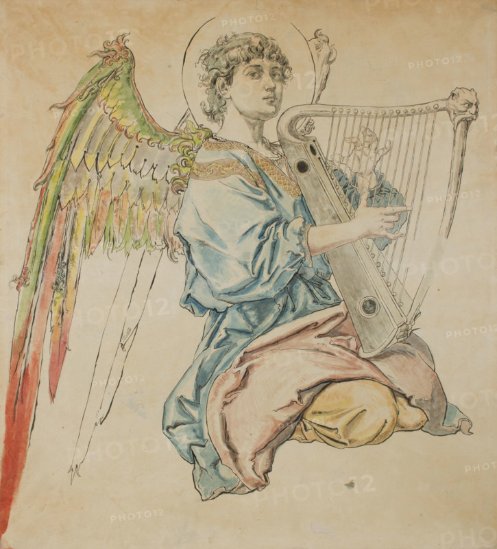 Cardboard for the Polychromy in the St Mary's Church-Figure of an Angel Playing..., 1888-1891. Creator: Jan Matejko.