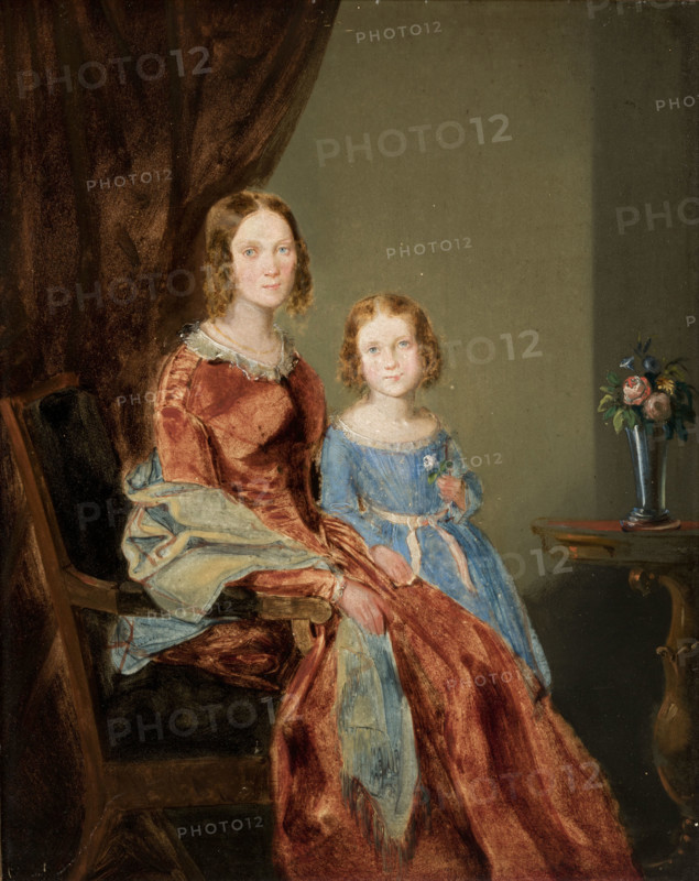 Portrait of Wife with Daughter Maria, c1837. Creator: Karol Wolanski.