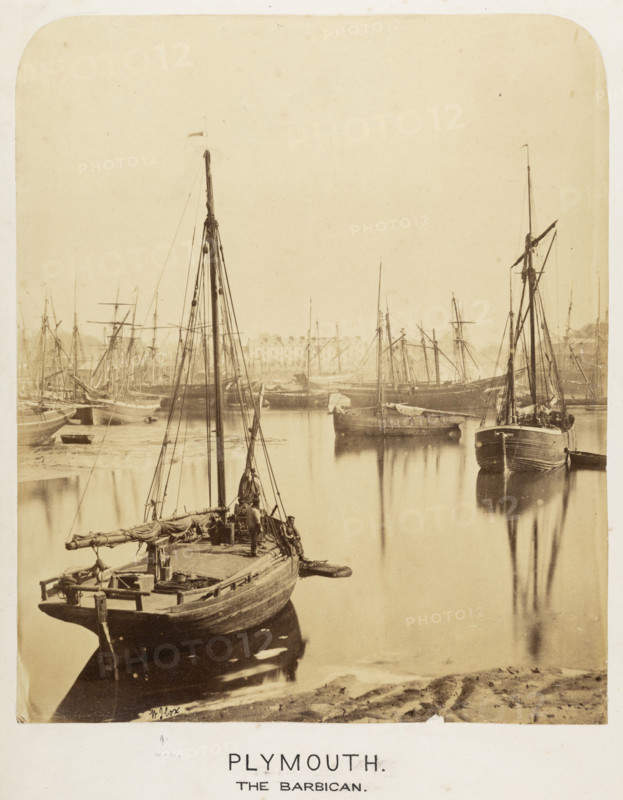 Fishing boats in the harbour at Plymouth, with the Barbican in the background, 1855-1860. Creator: WJ Cox.