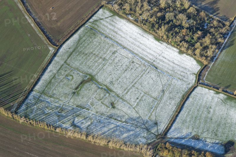 The deserted medieval village of Coates showing as earthworks highlighted by snow, Coates..., 2024 Creator: Damian Grady.