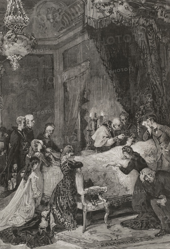 Administering the sacrament of the extreme unction to María de las Mercedes of Orleans, 1878.  Creator: Arturo Carretero y Sánchez.