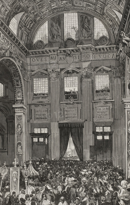 Pope Leo XIII giving his first blessing to the faithful from the inner balcony...1878. Creator: Bernardo Rico.