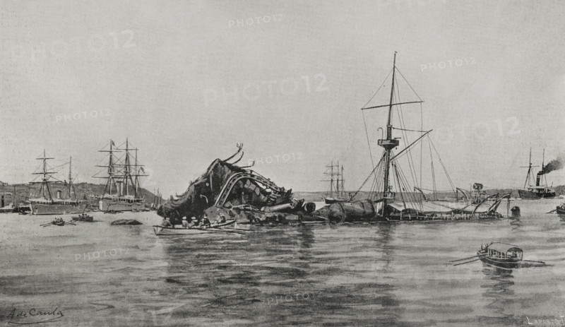 American battleship "Maine" after the explosion in the port of Havana on February 15, 1898, (1898).  Creator: Francisco Laporta Valor.