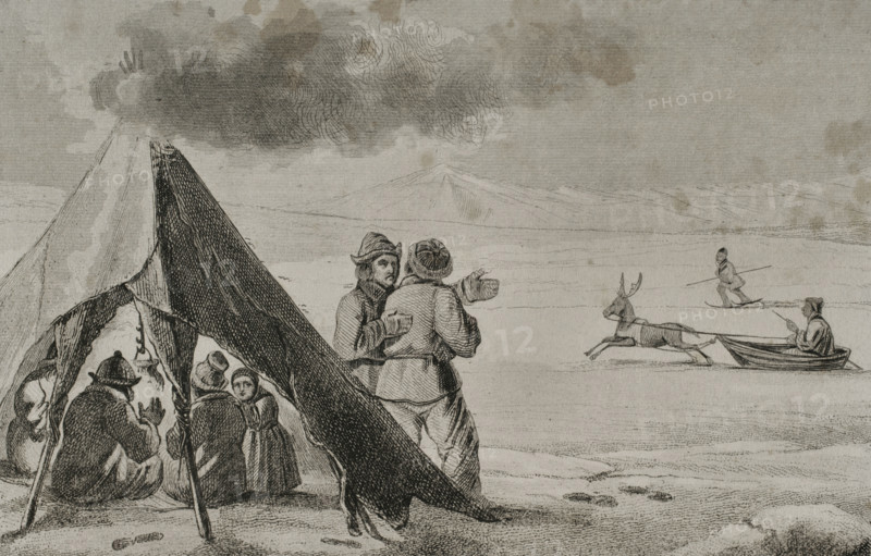 Laplanders in a tent, Lapland, 1839. Creator: Augustin François Lemaitre.