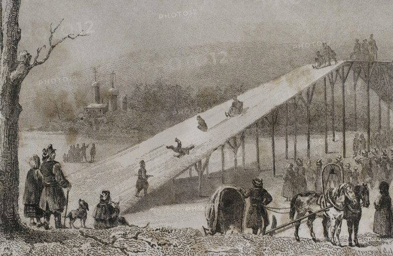 Roller coaster - ice slides, Russia, 1839. Creator: Augustin François Lemaitre.
