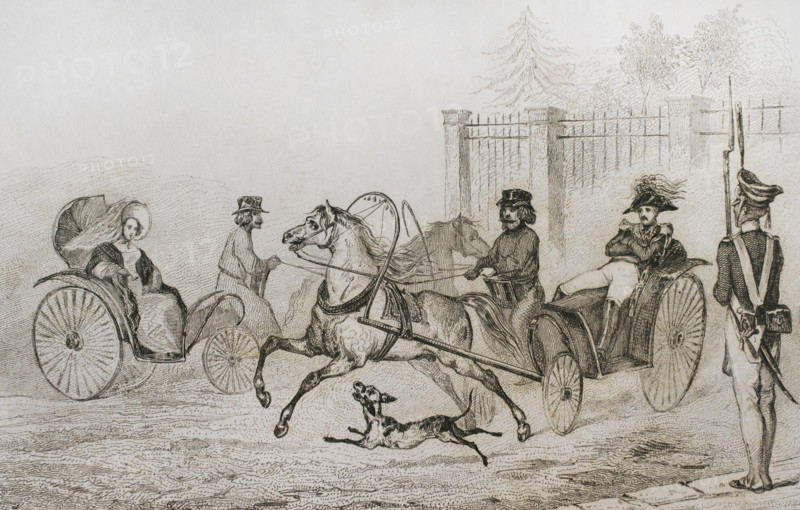 Droschki, Russia; small Russian carriage, 1839. Creator: Augustin François Lemaitre.