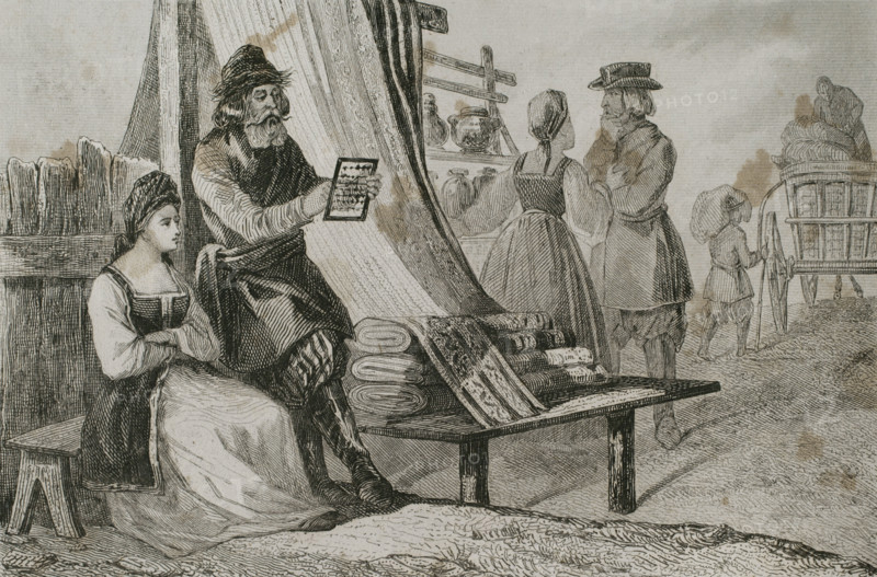 Russian merchant makes calculations by means of an abacus, 1839.  Creator: Augustin François Lemaitre.