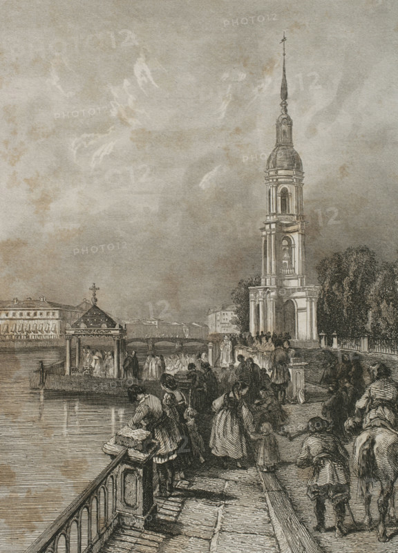 Bell tower of St. Nicholas Naval Cathedral, Saint Petersburg, Russia, 1839.  Creator: Hippolyte Lalaisse.