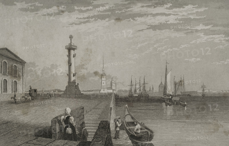 Rostral Column next to the River Neva, Saint Petersburg, Russia, 1839. Creator: Samuel Cholet.