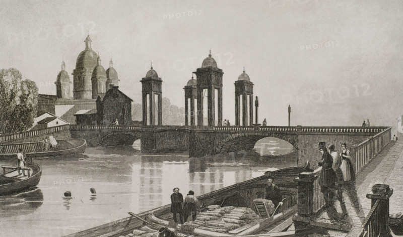 Trinity Church (Troitskoi Church) and bridge over Fontanka Canal, Saint Petersburg, Russia, 1839. Creator: Samuel Cholet.